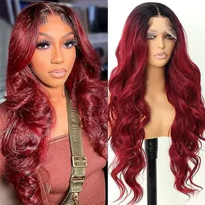 KINCY Ombre Wine Red Lace Front Wig Body Wave Synthetic Heat Resistant Fiber Wig With Pre Plucked Baby Hair Wavy Colorful Wig for Women 24 Inch
