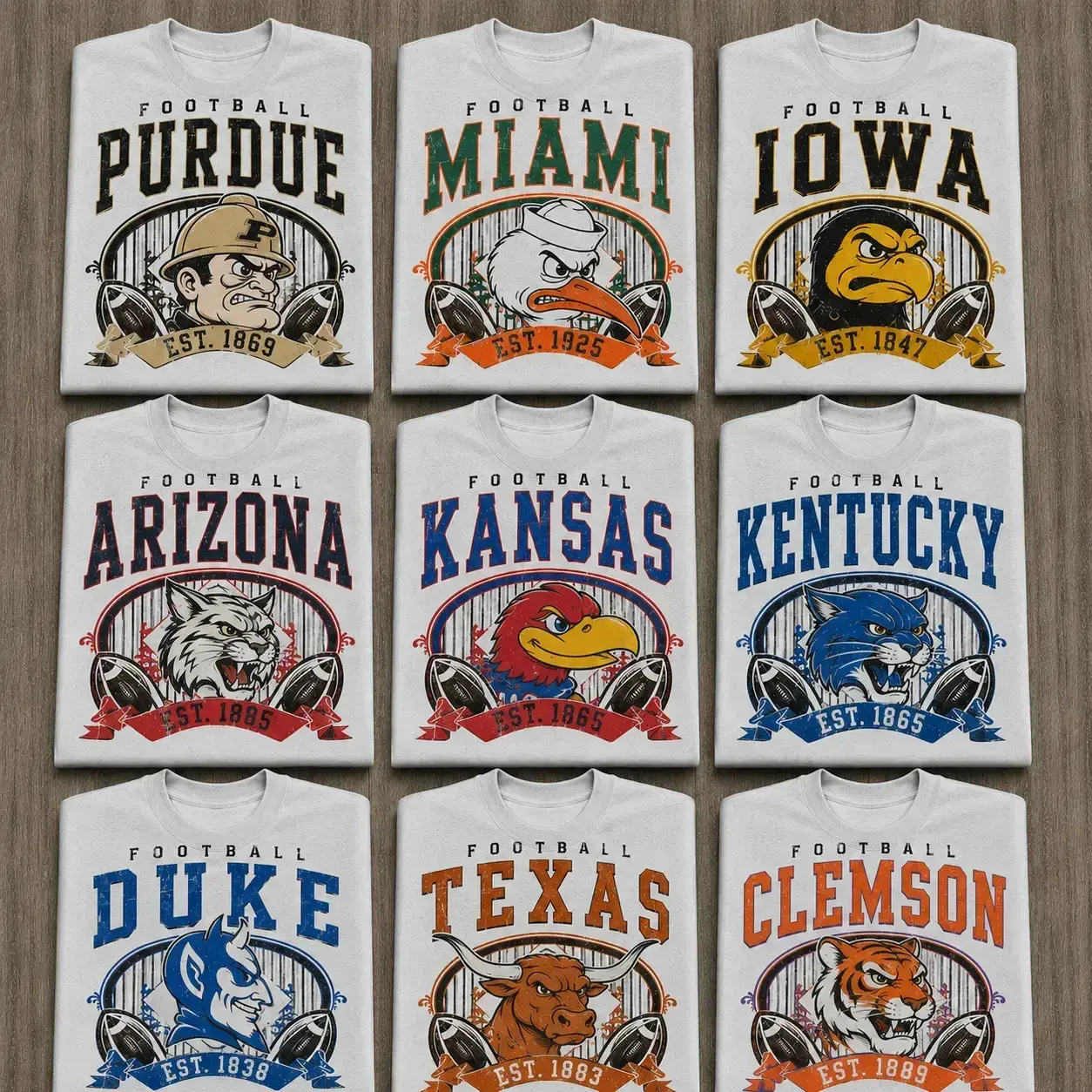 [Free Ship] Vintage All Team Football Mascot Graphic T Shirt Retro College Style Sports Tee Distressed Athletic Game Day Shirt Classic Football Fan Gift Unisex Casual Crewneck Graphic Tee Retro Sports Apparel