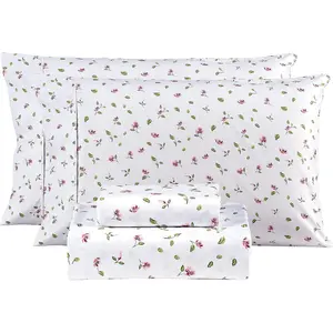 Queen Sheets Set 4 Pieces Soft Breathable Microfiber Bed Sheet Set Pink Flower Green Leaf Pattern Deep Pocket Non-Slip Floral Printed Fitted Sheet for All Season