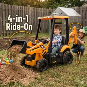 【SummerVibes】GARVEE 4-in-1 Ride-On Tractor for Children with Excavator, Bulldozer, Removable Tent, 12V Battery, Remote Control, Front Loader, Horn, and EVA Tires in White, Red, and Yellow