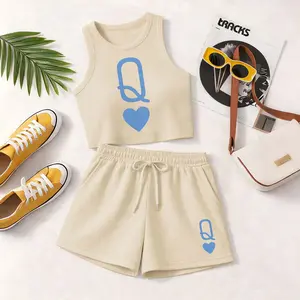 Women's Q Print Sleeveless Tank Top And Drawstring Shorts Set, Casual Summer Sportswear Two Piece Outfit, Ribbed Knit Tank And Shorts Set For Everyday Wear