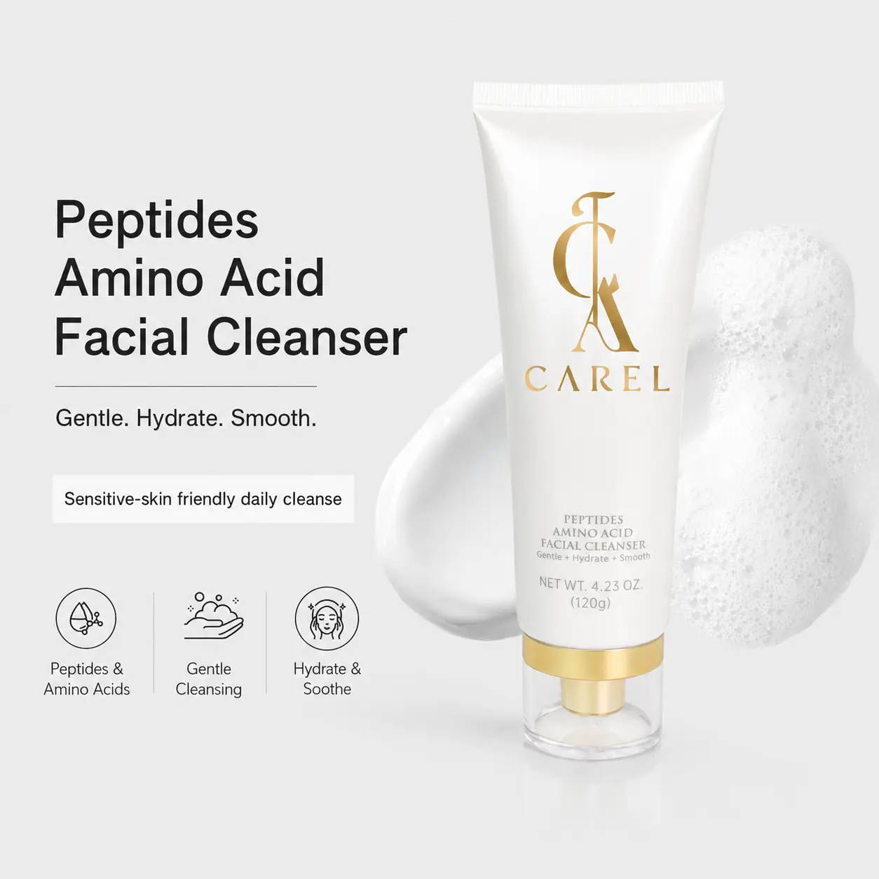 [CAREL] Peptide Amino Acid Facial Cleanser | Gentle Milky Face Wash for Sensitive Skin | Hydrating, Non-Stripping Creamy Cleanser with Peptides & Amino Acids | No Tight Feeling, Fragrance-Free, Alcohol-Free