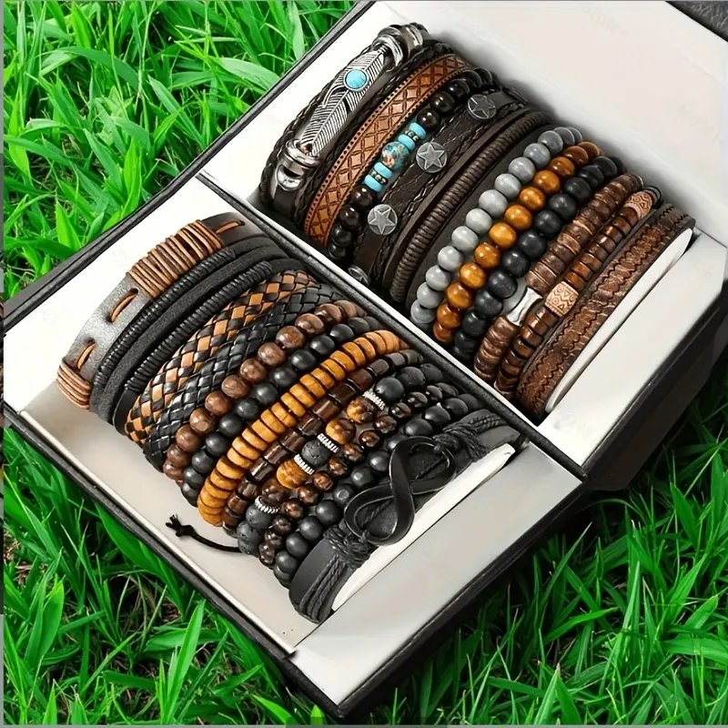 Unisex Layered Bracelet Set, 23pcs Handwoven Beaded Braided & PU Leather Bracelets, Stacking Jewelry for Daily Wear, Arm Candy Accessories, Bracelet Stacking