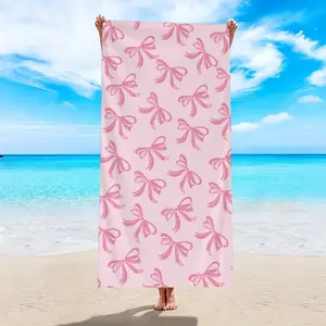 1pc pink bow beach towel, cherry line bow design printed large quick drying absorbent beach towel, suitable for outdoor sports, swimming, yoga, camping, shower and beach vacation essential multifunctional beach towel