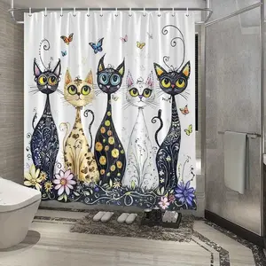 Vivid cat and colorful floral print shower curtain, bathroom decoration, Bathroom Decoration Accessories, waterproof, wear-resistant, easy to clean, machine washable, multiple sizes to choose from, send shower curtain hook, Shower Curtain Rod