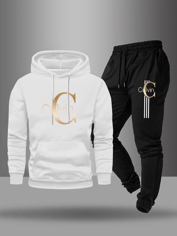 Men's Stylish Calvin Graphic Tracksuit, Casual Sweatsuits: Black Hoodie and Jogger Set with Gold Logo Print, Perfect for Urban Streetwear and Casual Daily Outfits