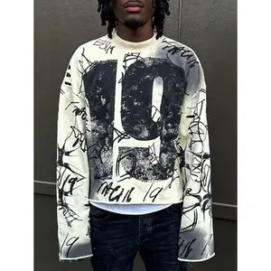 Men's Pullover Numeric Printed Long Sleeve Sweatshirt Casual Rock Style Loose Fit Round Neck Multicolor Polyester Tops for Spring Hoodie Menswear