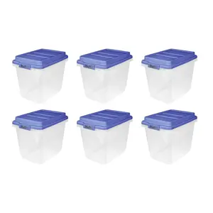 Hefty 6 Pack 32 Quart Hi-Rise Stackable Plastic Storage Bin with Lid, Clear/Blue