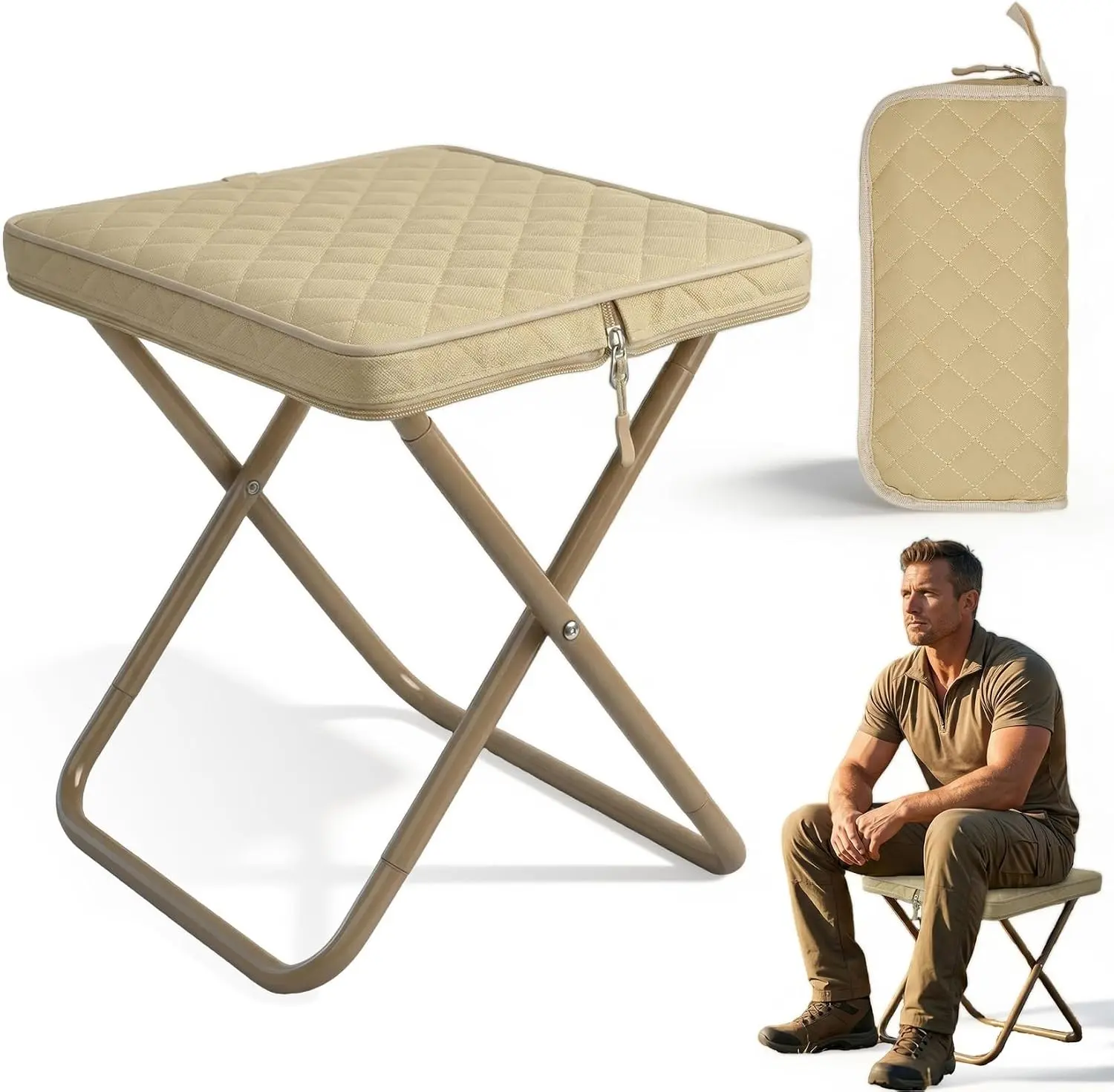 Foldable Backpack Stool for Adults, Heavy-Duty Portable Outdoor Seating - 286 LBS Capacity Compact Camping Seat for Hiking, Fishing (Beige)