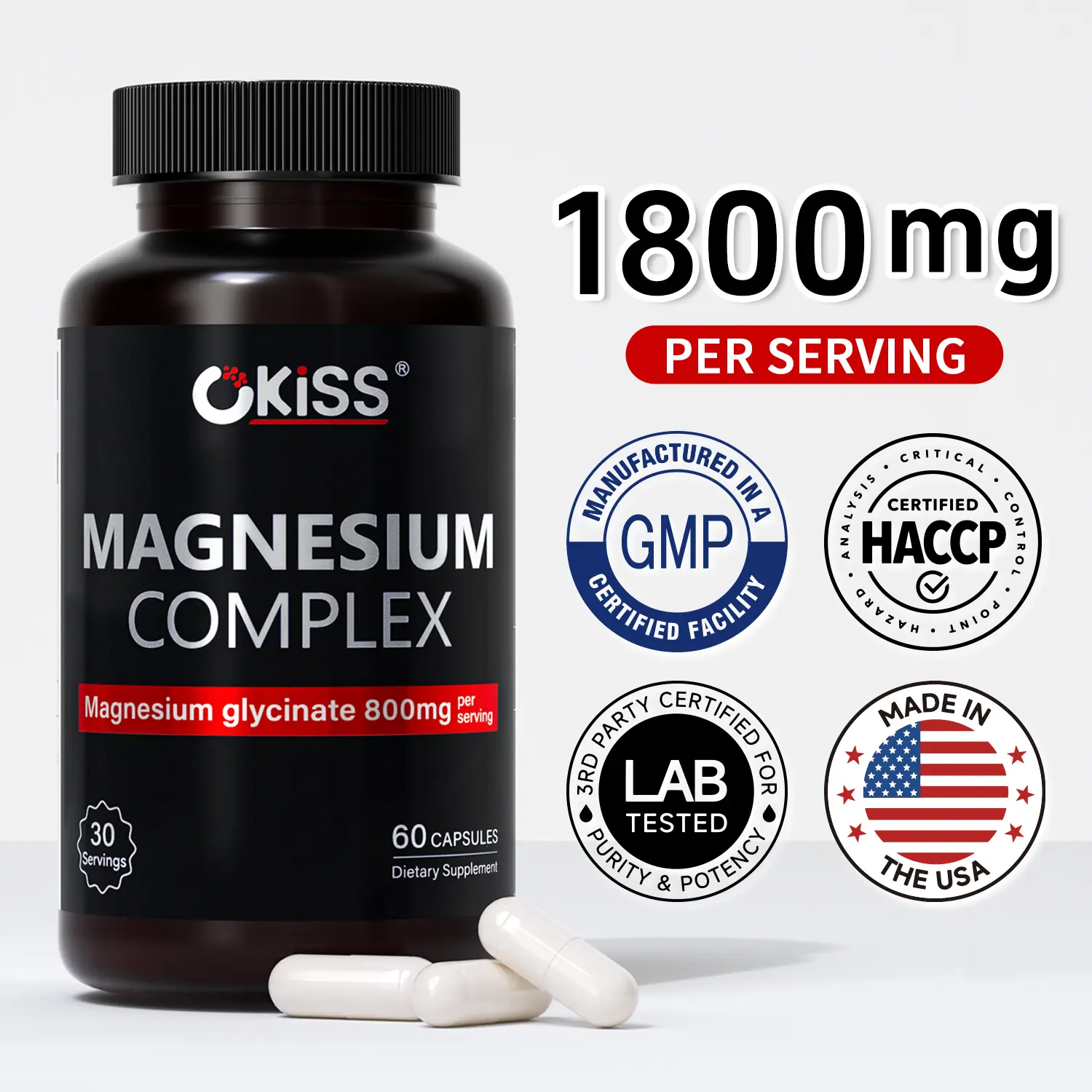 Okiss 1800mg Magnesium Glycinate Complex, Gentle on Stomach, Ashwagandha, L-theanine, Chamomile, Vitamin B6 Brain Dietary Supplement Edible Dietary Supplements