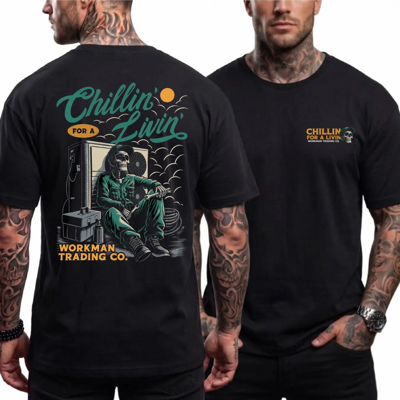 Double Sided Work man Trading Co Shirt, Chillin' For A Livin Tee, HVAC Technician Graphic T-Shirt, Blue Collar Worker Gift, Funny Skeleton Back Print