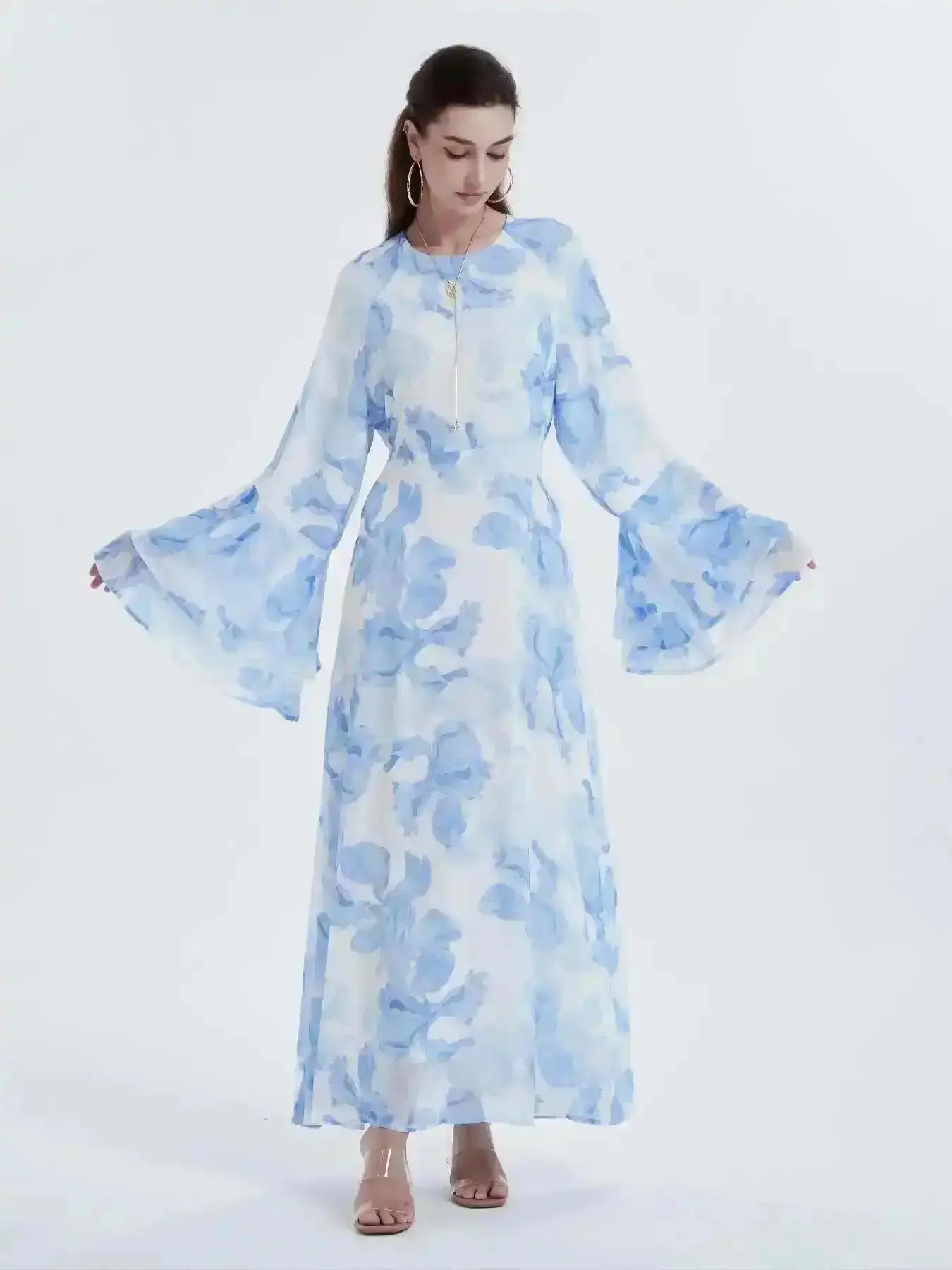 Women's All Over Print Layered Sleeve Dress, Modest Flounce Round Neck Long for Party Wedding Guest, Ladies Islamic Clothing Seasons, Womenswear, Elegant Dresses, Gown, Formal, Conservative, Versatile