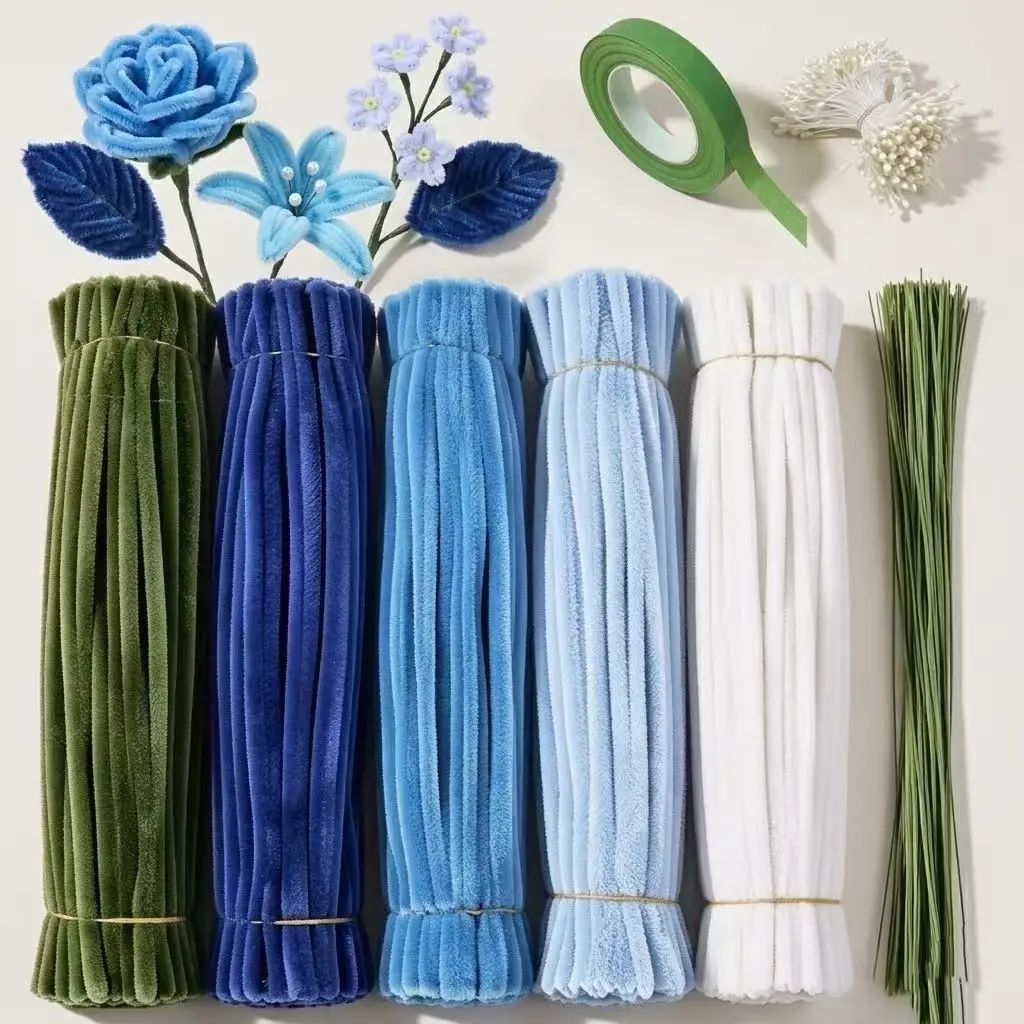 450 pipe cleaner strips for crafts, boxed in 5 different colors; DIY flower making kit (including floral wire, gardening tape, and flower stamens) (blue set)