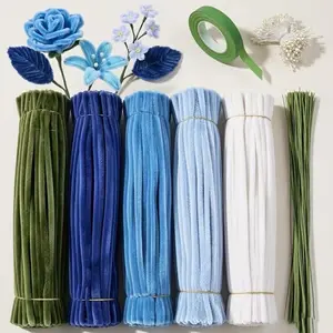 450 pipe cleaner strips for crafts, boxed in 5 different colors; DIY flower making kit (including floral wire, gardening tape, and flower stamens) (blue set)