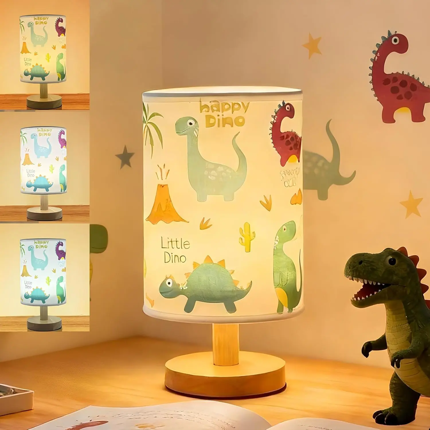 Dinosaur Kids Table Lamp for Bedroom Kids Bedside Lamp 3 Colors Dimmable Nightstand Night Light with Cartoon Flaxen Fabric Shade Desk Reading Lamp for Girls Boys Room Nursery Decor,Dino Gifts for Boys