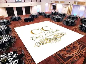 Custom Decal Dance Floor Wrap Gloss White Removable Vinyl with Printed Monogram Logo Design in The Center Wedding Sticker Print Wrap Eco-Solvent Inks Process for Indoor Use