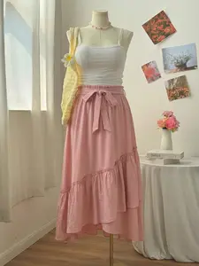 Ruffle Hem High Waist Womenswear Skirt with Matching Bow Tie, Soft, Fluffy and Feminine Design, Perfect for Vacation, Date Night, or Daily Wear