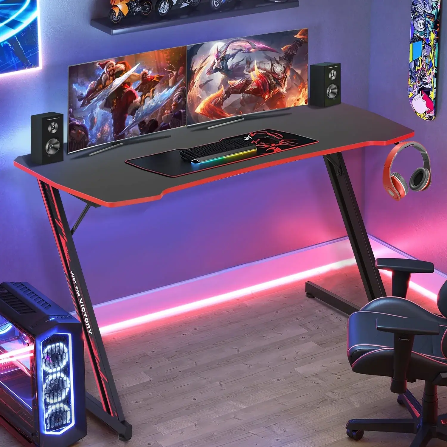 Dkelincs 47 Inch Gaming Desk Z-Shaped Computer Desk Home Office Desk with Headphone Hook, Red