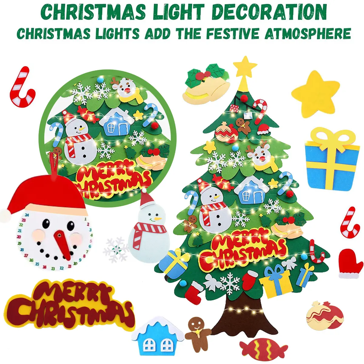 3ft DIY Felt Christmas Tree Set + Snowman Advent Calendar - Xmas Decorations Wall Hanging 38 Ornaments Kids Gifts Party Supplies | Xmas Decorations,Wall Hanging,38 Ornaments,Kids Gift,with String Light