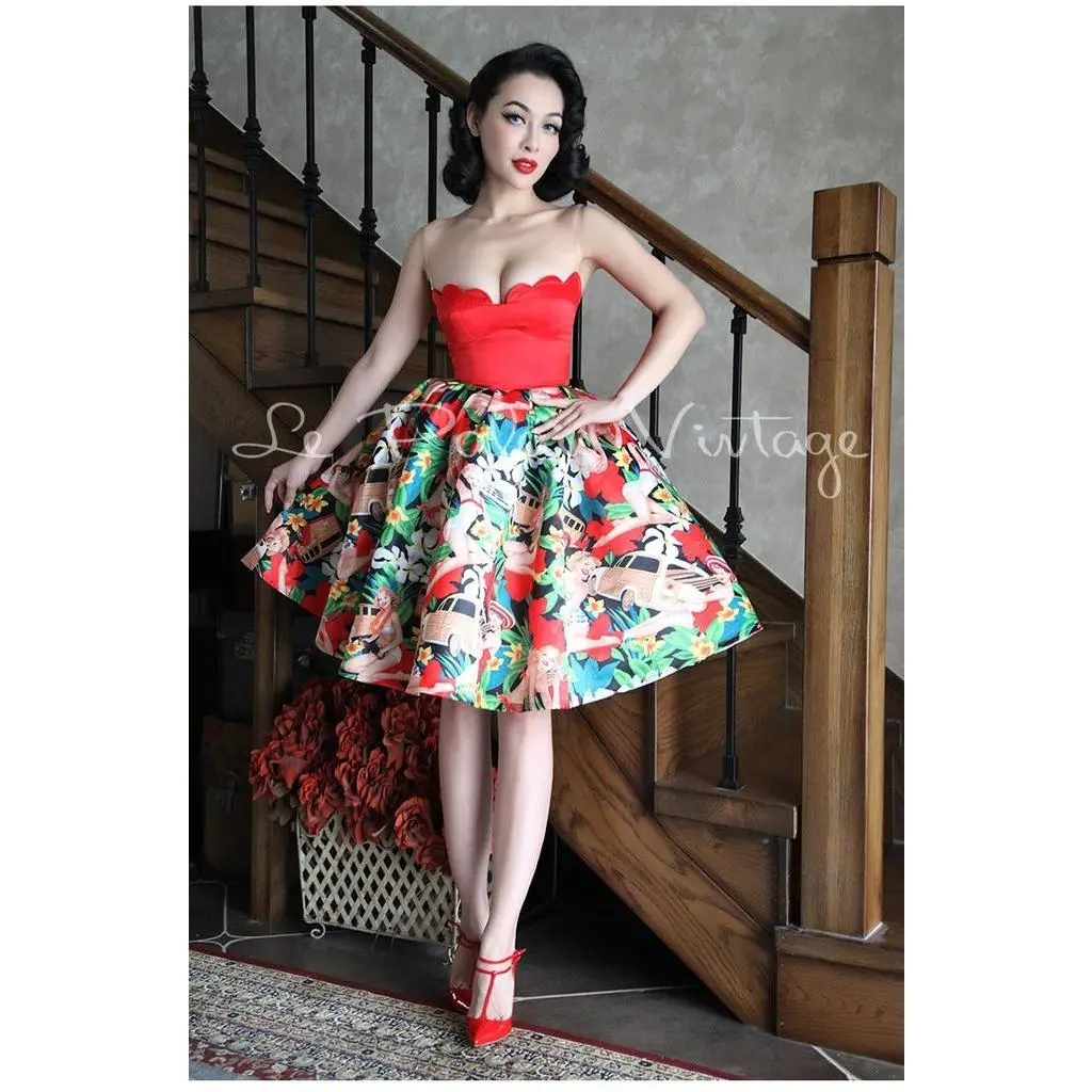 Vintage retro pinup 1950 strapless bustier full skirt floral dress- Dila