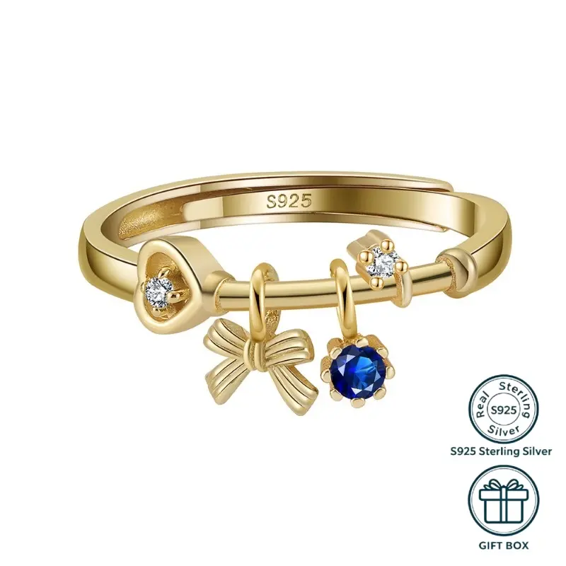 S925 Sterling Silver Sweet Heart Ring with Blue Spinel & Bow Accent, Adjustable Band for Women's Graduation Gift, Cute, Female
