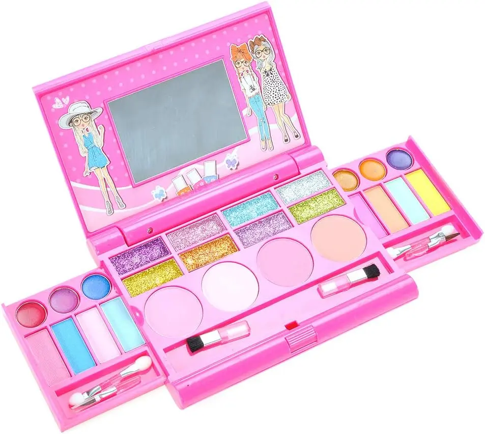 PowerTRC Washable Makeup Pretend Play Set for Kids | Fold-Out Cosmetic Kit with Mirror | Safe, Non-Toxic Toy Makeup Palette for Girls