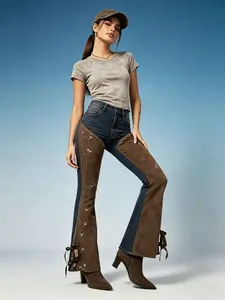 Elegant Western Style Heavy Rhinestone Suede Spliced High Waist Flare Jeans, Satin Bow Vintage Washed Denim Pants, Hip Covering & Figure Slimming for Pear Shapes, Cartoon Leg Effect Niche Unique Bell Bottom Denim Trousers