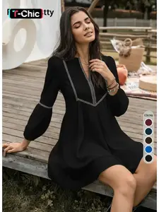 Women's Geometric Embroidery Smock Fitted Dress, Boho Bishop Sleeve Notched Neck Short Dress for Beach Vacation Holiday, Ladies Clothes for All Seasons