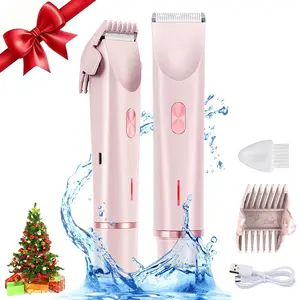 Bikini Trimmer for Women, Intimate Pubic Trimmer, Electric Shaver and Razor Rechargeable Cordless Trimmer 2-in-1 Body and Facial Hair Removal Double Head for Painless Trimming of Pubic Face Underarm Legs, IPX7 Waterproof, pink