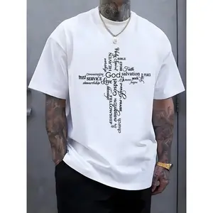 Men's Christian Cross Print T-Shirt with Inspirational Words - White Short Sleeve Casual Tee, Regular Fit Round Neck Summer Top for Church, Outdoor & Casual Attire, Religious Event Clothing, Spiritual Style, Comfortable Fabric
