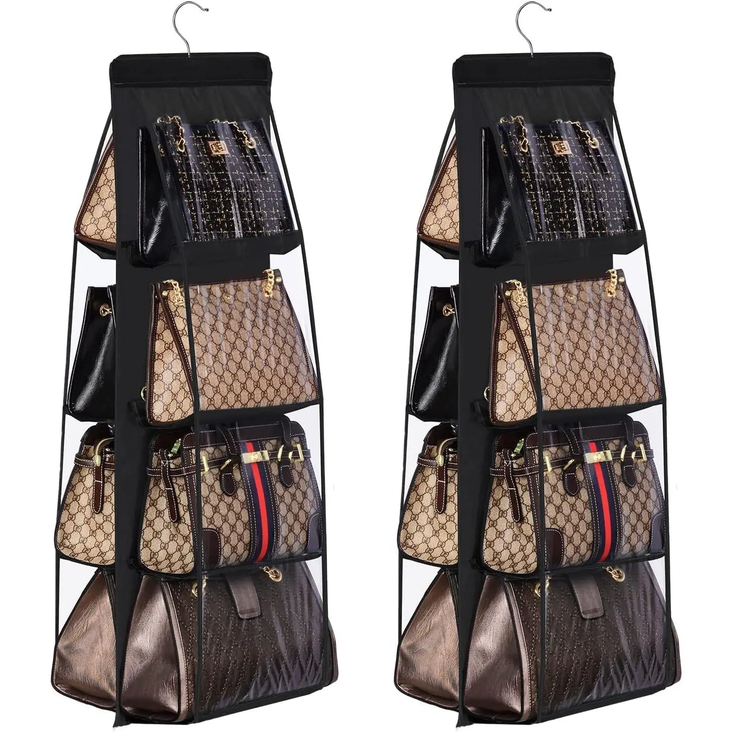 2-Pack Handbag Hanging Purse Organizer for Closet, 8 Pocket Handbag Storage Organizer Hanger Oxford Cloth Closet Organizer for Family Closet Bedroom, Foldable and Universal Fit, Black