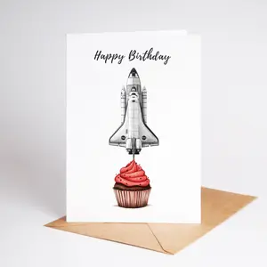 NASA Space Shuttle and Cupcake Birthday Card for Boys - Unique, Non-Mushy Birthday Card for Sons & Grandsons