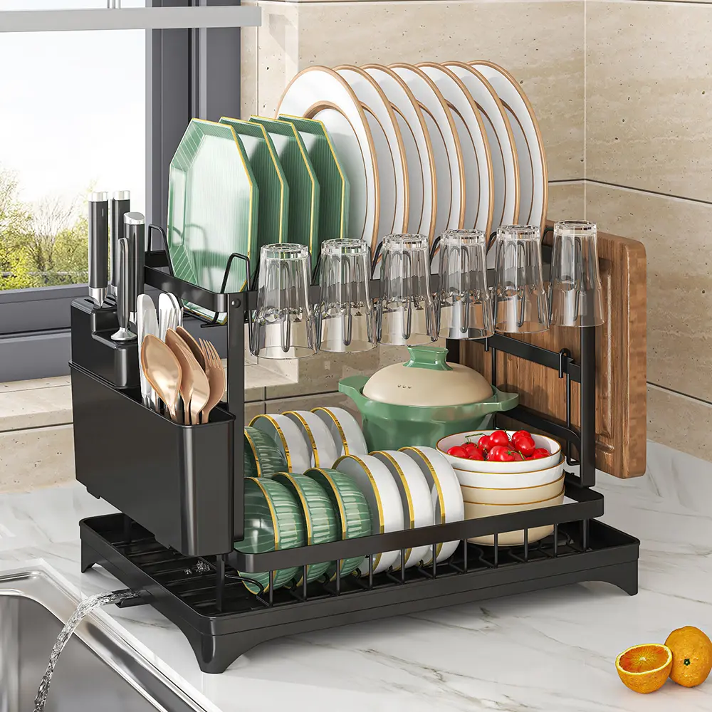 Stainless Steel 2-Tier Countertop Dish Drying Rack Set - Adjustable Height Draining Boards, Utensil Holder, 360° Telescopic Drain Pipe, Hanging Knives Compatibility, Easy-Install Kitchen Organizer (Black), Carbon Steel