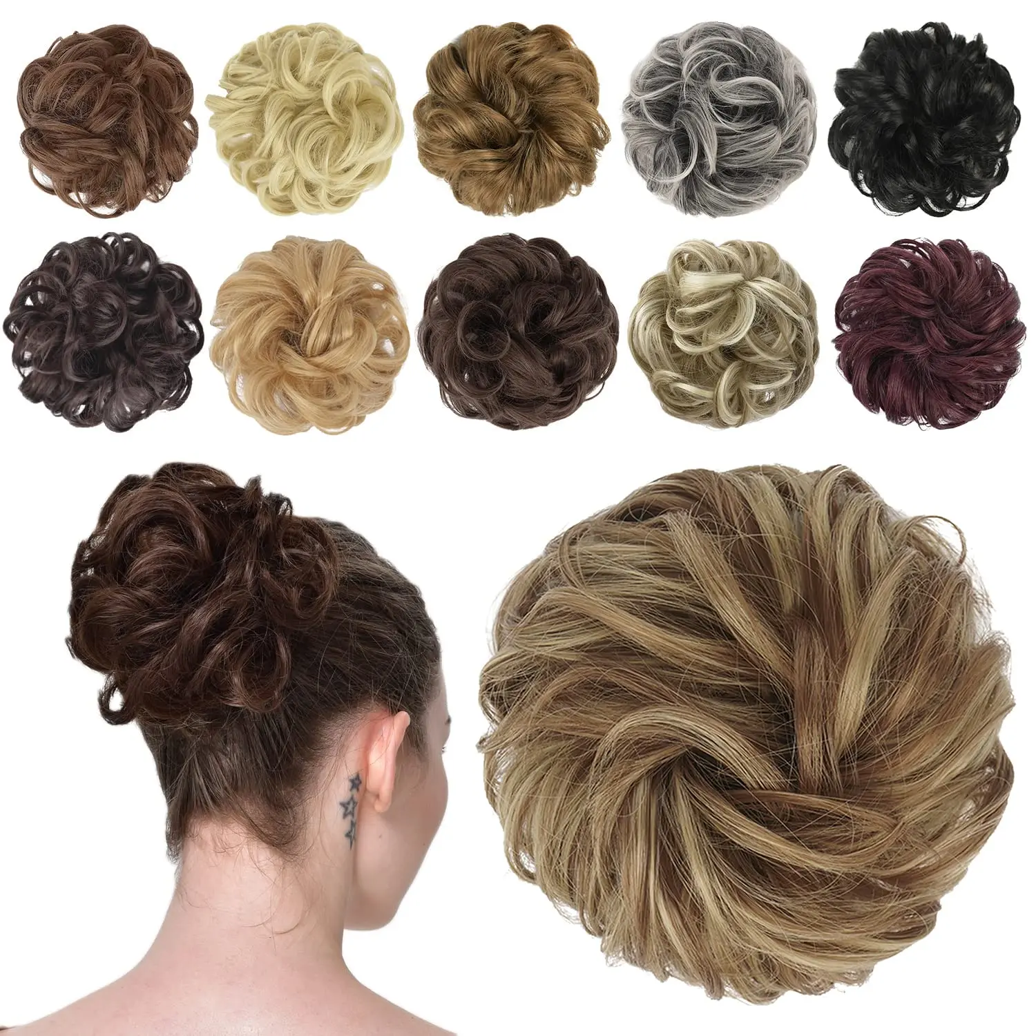 Women's Synthetic Soft Hair Piece - Elastic Wavy Curly Bun Scrunchie Extension, Brown & Blonde, 1 PCS, Synthetic Soft Hairpieces
