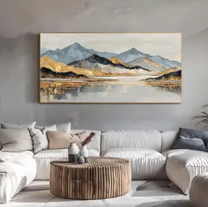 Large Abstract Wall Art Mountain Landscape Oil Painting Gold Gray Textured Canvas Art Modern Minimalist Wall Art Horizontal Neutral Wall Art
