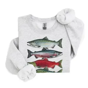 Abstract Salmon In A Row Sweatshirt River Fish Flyfishing Crewneck Sweatshirt, Vintage Fish Shirt, Fish Apparel, Animal Clothing Unisex Cotton Crewneck T-Shirt Menswear Womenswear Streetwear Top