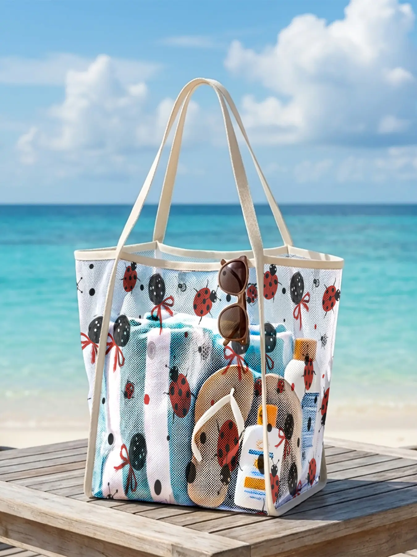 1pc, lady's shoulder bag Ladybug Polka Dot 2D Print Lightweight net fabric + open design with large capacity, foldable for storage | Suitable for various scenarios | Your unique sense of relaxation