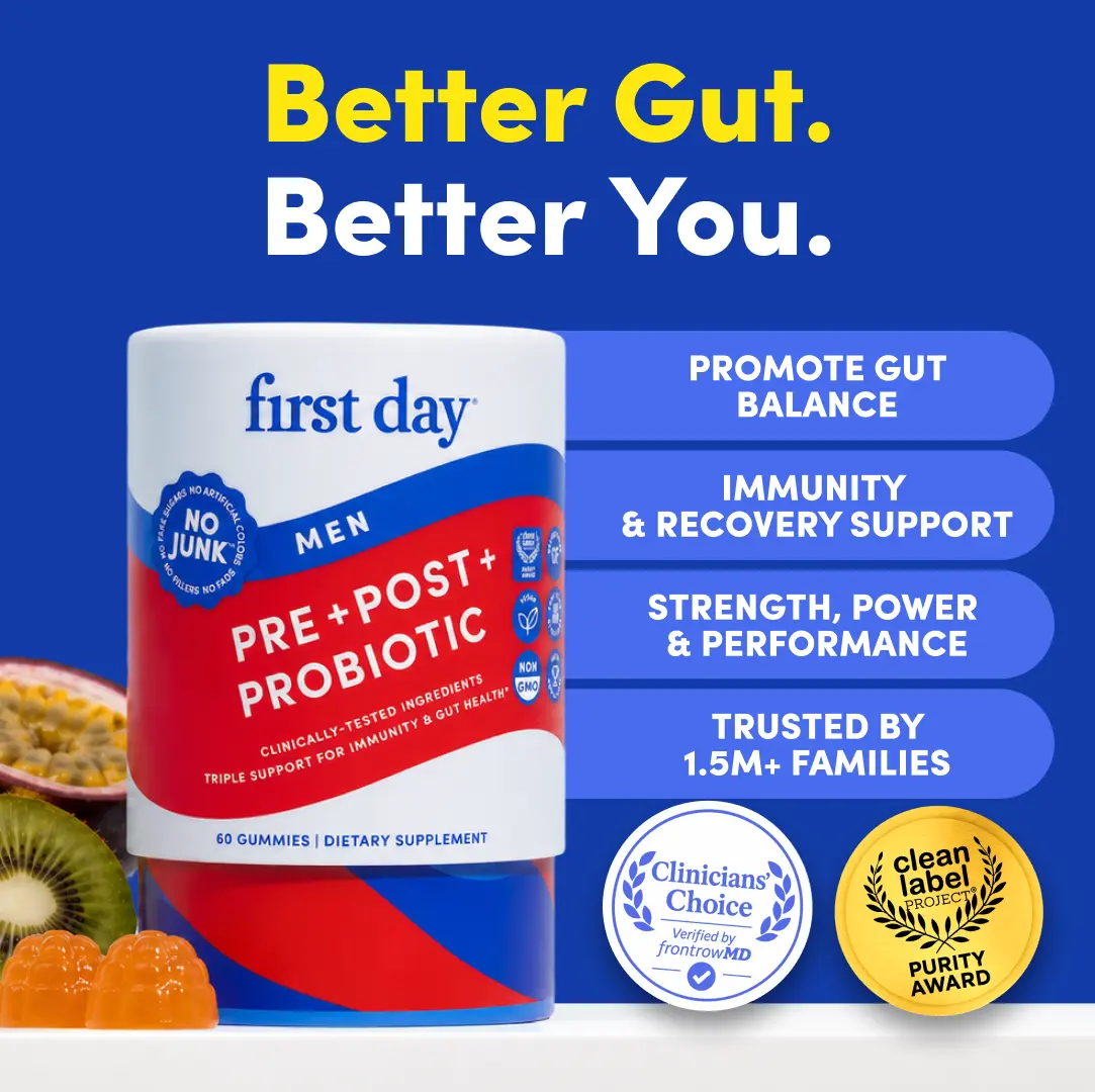 First Day Men's Tribiotic Gummies 18+, Natural Kiwi Passionfruit Flavor — Livaux Prebiotic, Bacillus Coagulans 5B CFU, Immuse Postbiotic — Digestion, Immunity, Bloating Relief, Gut Health — 30-Day Supply, Vegan, Non-GMO, No Junk