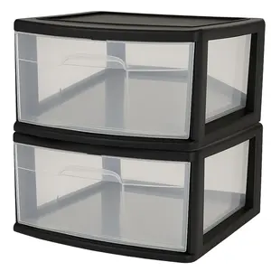 Homz Plastic 1 Drawer Wide Storage Cart, Black Frame with Clear Drawer, 2 Pack