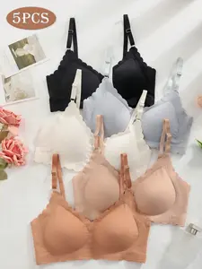 Women's Five-Piece Seamless Basic Casual Minimalist Everyday Bra Set, No Underwire, Hook and Adjustable Straps, Light Support, Smooth Back, Innerwear, Fit