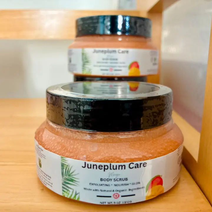 Juneplum Care Mango Body Scrub, Exfoliating & Hydrating Sugar Scrub with Shea Butter & Essential Oils, Smooth Skin, Body Exfoliator For All Skin Types, Self Care Gifts for Women, Vegan, 8 Oz