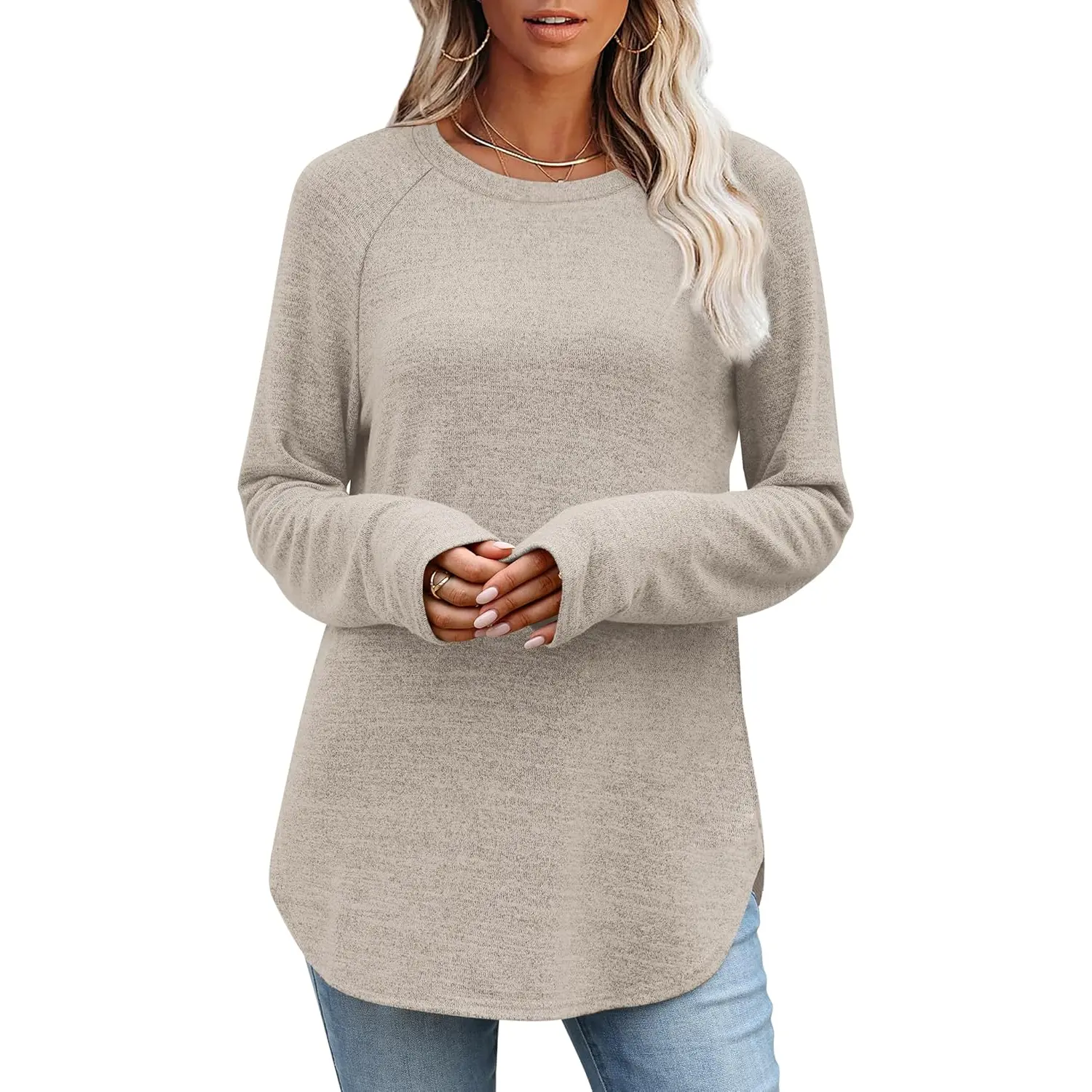 OFEEFAN Long Sleeve Shirts for Women Loose Fit Tunic Tops Dressy Casual Crew Neck Pullover Sweaters Fall Outfits Clothes 2025