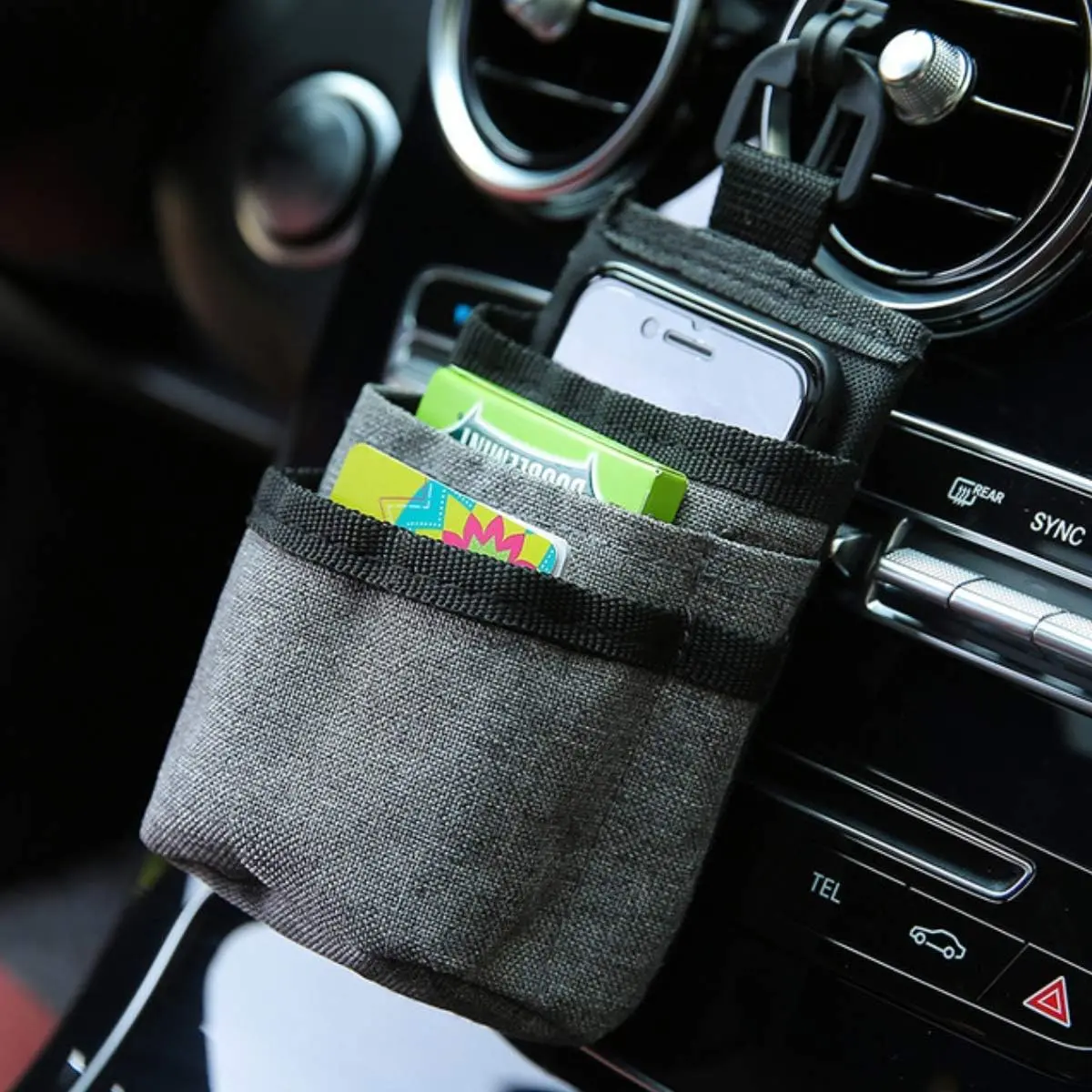 Clip-On Car Air Vent Pocket Caddy Organizer Holder - 1 Clip, 1 Holder, 5 Pockets for Phone,Pencil,Charger, Easy to Clean, On-the-Go Storage + Charge Car Charging Station (Gray)