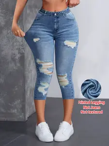 Women's Tight Fit Seven-Quarter Pants, Cropped, Faux Denim Print, Slim-Fitting Casual Bottoms, All Season Wear, Comfortable and Stylish, Fashion
