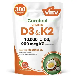 VEV Vitamin D3 K2 10000 lU, 300 VirginCoconut Oil Softgels,2 in 1 Vitamins Supplement D & K