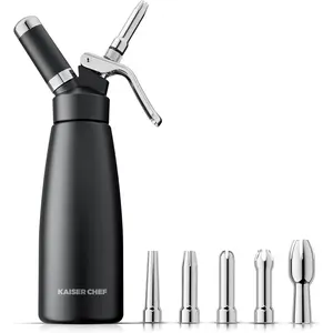 Whipped Cream Dispenser 500 mL/1 Pint,LeakFree Whipped Cream Maker Canister with 5 Decorating Nozzles Cleaning Brush N2O Chargers (Not Included) (Black, 500ml)