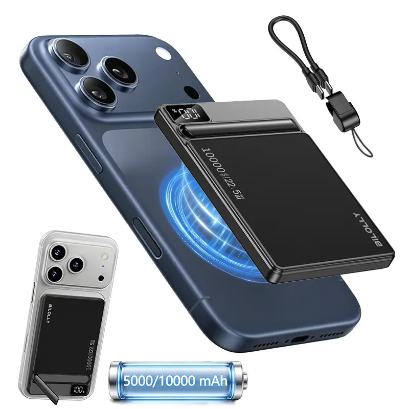 BiLOLLY Magnetic Power Bank, 10000mAh/5000mAh Portable Charger with 15W Wireless Charging, 22.5W USB-C Fast Charging, Fold-Out Stand, LED Display and USB-C Lanyard Cable for iPhone and Android