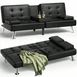 Futon Sofa Bed Modern Leather Sleeper, Reclining Couch With Removable Armrests And DualCup Holders, Adjustable For Offce & Apartment