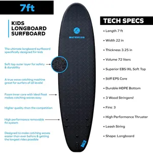 7ft Wave Kids Longboard Surfboard & Leash, Perfect for Learning How to Surf, Easy to Catch Waves, Made for Kids, Soft Top Surfboard with Foam Core, Classic Longboard Beginner Surfboard
