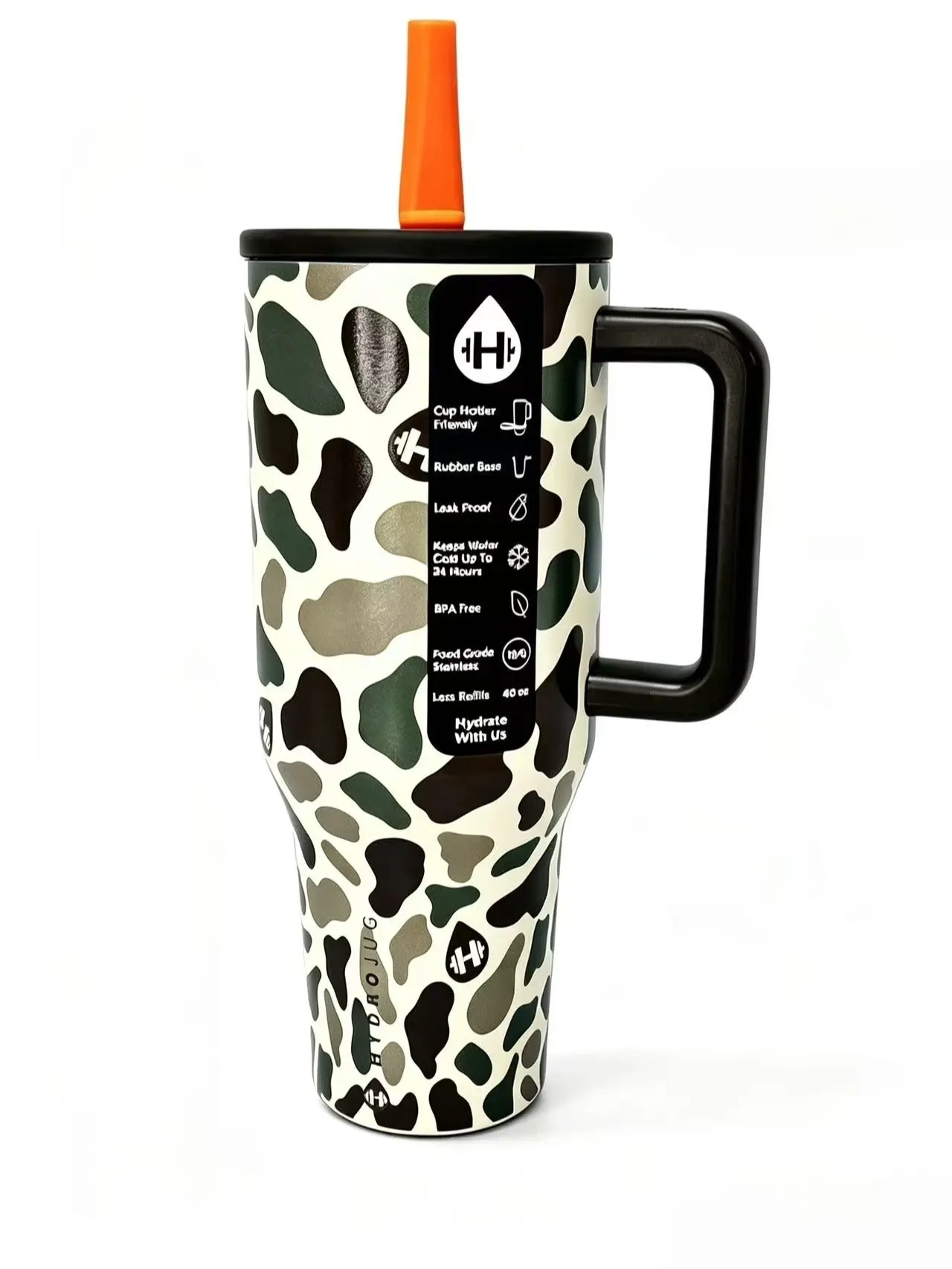 HydroJug 40oz Modern Insulated Camo Style Stainless Steel Vacuum Flask Mug - Portable Travel Tumbler with Handle, Spillfree Lid, Cup Holder Friendly, Gift-Ready for Hunters & Outdoor Enthusiasts